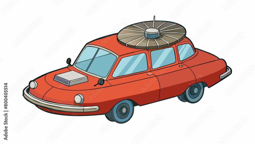 Poster A retrostyle car with a large and powerful fan at the back resembling a flying saucer. Its compact size makes it perfect for urban areas where it can. Cartoon Vector.