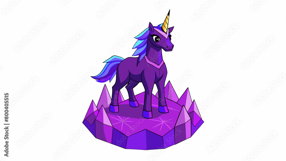 Poster A regal statuesque unicorn with a deep purple coat and eyes that seem to glow with ancient wisdom standing atop a glowing crystal mountain.  on. Cartoon Vector.