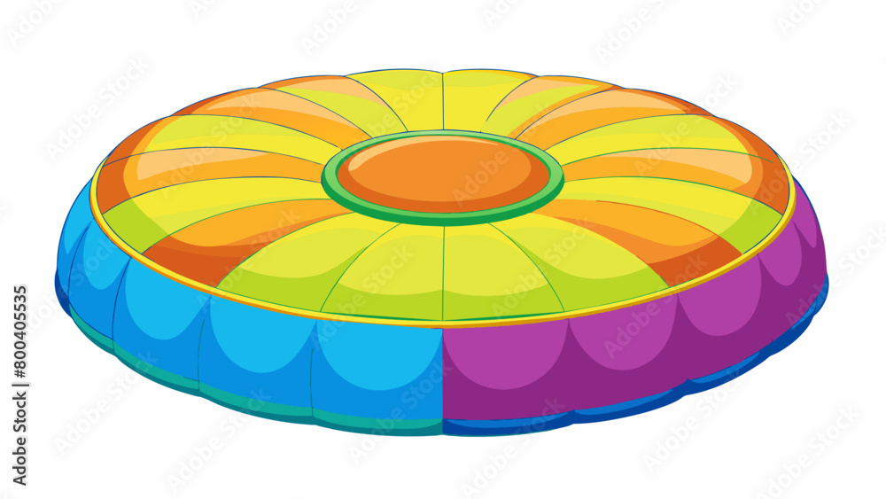 Poster A round inflatable mat filled with air and covered in bright colors designed for learning and practicing cartwheels handstands and other beginnerlevel. Cartoon Vector.