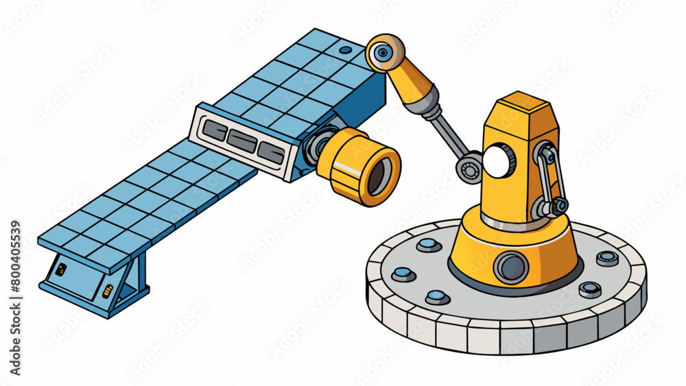 Poster A robotic arm extending from the station equipped with cameras and sensors used for repairing and maintaining the exterior structure of the station. Cartoon Vector.