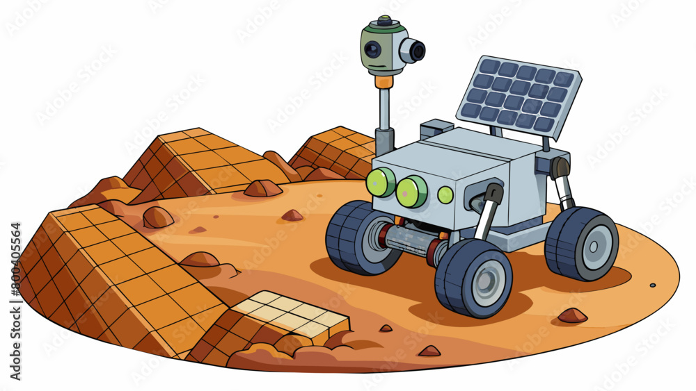Poster A rover robot navigates its way through a rocky and desolate landscape on an alien planet. Its shiny solar panels power its movements and the robotic. Cartoon Vector.