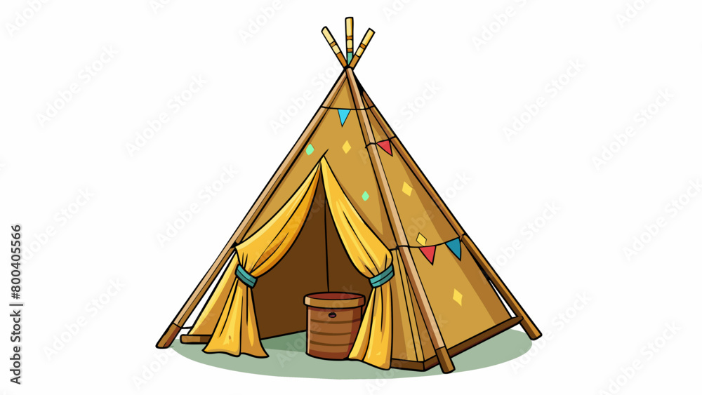 Poster a rustic teepeestyle play tent made of natural canvas and wooden poles. the tent has a flap door and