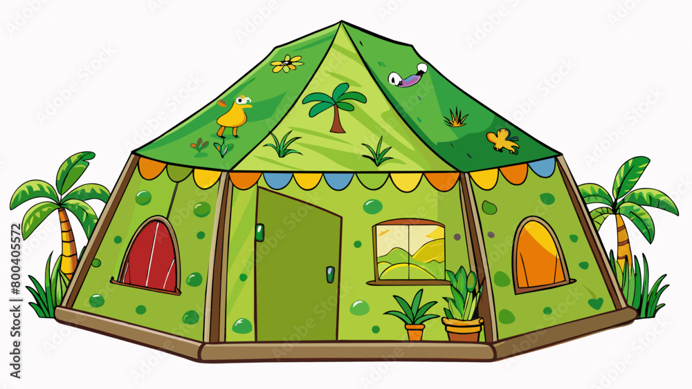 Poster a safarithemed play tent featuring a printed jungle scene on its walls and roof. the tent has a wide
