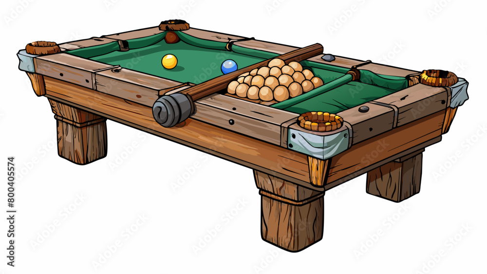 Poster A rustic table made out of thick logs with a surface that looks worn and weathered. The pool balls are wooden and hand painted and there is a rope net. Cartoon Vector.