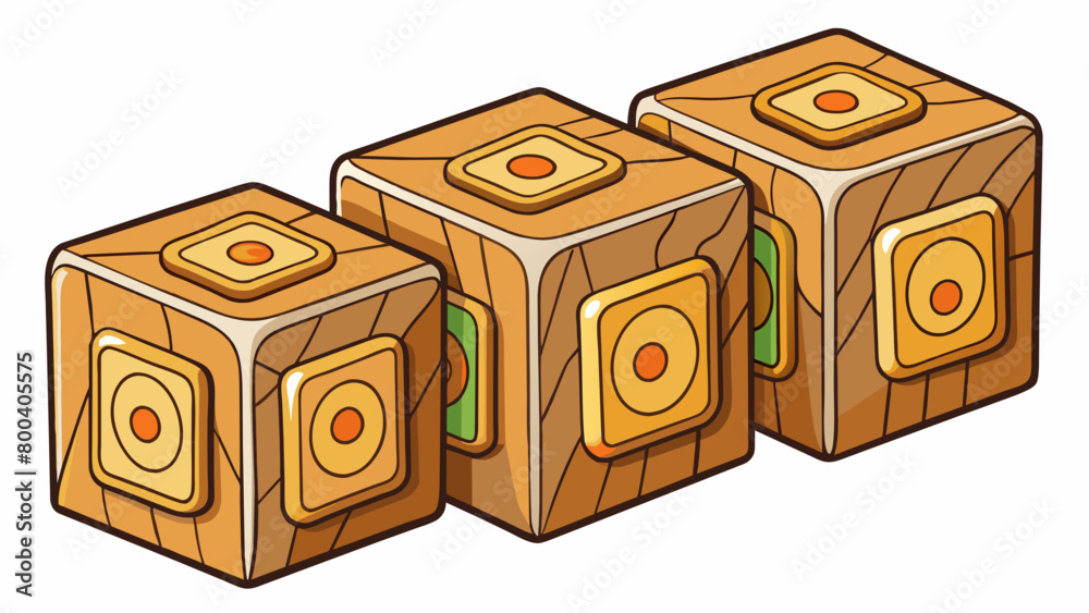 Poster A series of four wooden blocks each with a different image carved into its front and back sides. When stacked in a specific order the images come. Cartoon Vector.