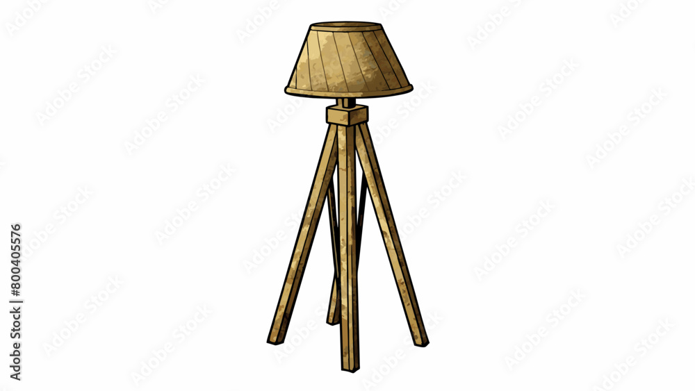 Aufkleber A rustic wooden floor lamp with a tripod base and a burlap drum shade. The base is made of three weathered tree branches while the shade has a. Cartoon Vector.
