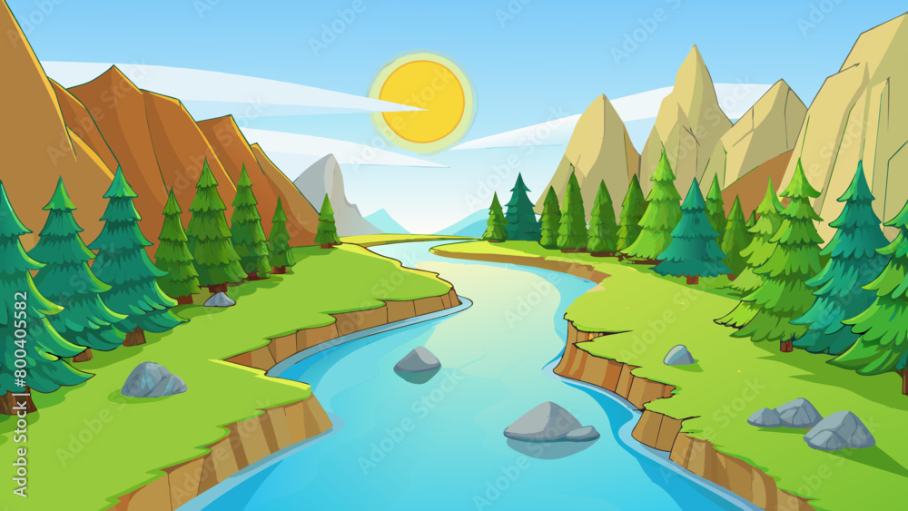Poster a serene river bordered by tall trees and smooth rocks meanders its way through the vast green valle