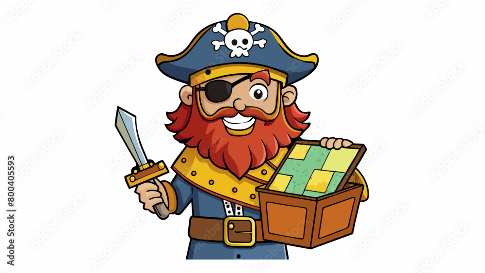 Poster a scruffy pirate with an eye patch and a bandana holds a rusted lass in one hand and a wooden treasu