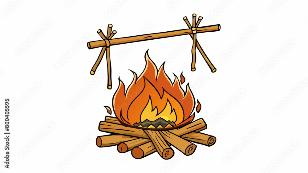 Poster a rustic campfire grill created from large tree branches neatly tied together with twine to form a g