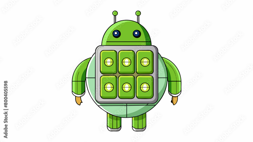 Poster A robotlike figure with a green circular head and a body made up of different compartments representing the customizable nature of an Android device.. Cartoon Vector.