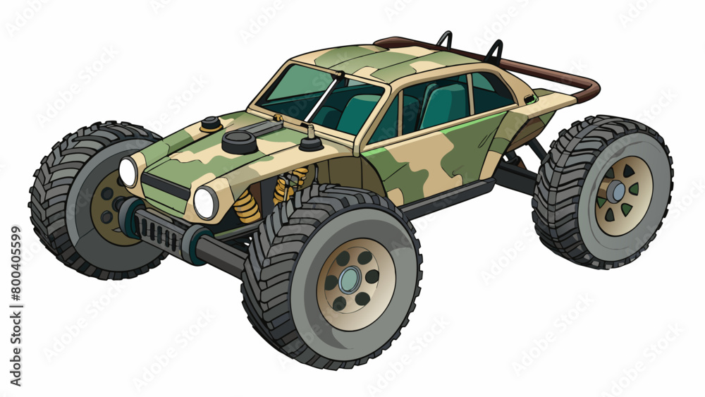 Poster a rugged offroad remote control buggy with a camouflage print body and thick by tires. it has a dura