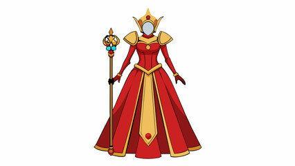 A regal red and gold gown with a long flowing skirt and a fitted bodice adorned with faux jewels and golden trim. The dress has puffed sleeves and a. Cartoon Vector.