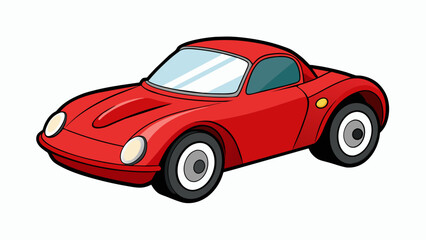 A red carshaped toy with four black wheels and a sleek aerodynamic design. The car has a small spoiler on the back and a windshield that curves. Cartoon Vector.