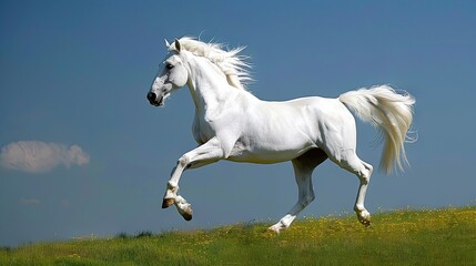 Obraz na płótnie Canvas White horse galloping by white fence under clear sky
