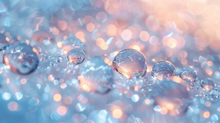 Crystal clear water droplets frozen in mid-air, reflecting a soft glow of light.