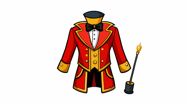 A red and gold jacket with black ts and a matching pair of pants paired with a velvet black top hat and a wand with a glowing crystal at the tip. The. Cartoon Vector.