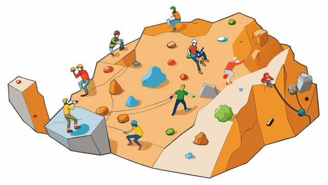 A rock climbing mecca dotted with boulders of all shapes and sizes attracting adventurous climbers from all over the world.  on white background . Cartoon Vector.