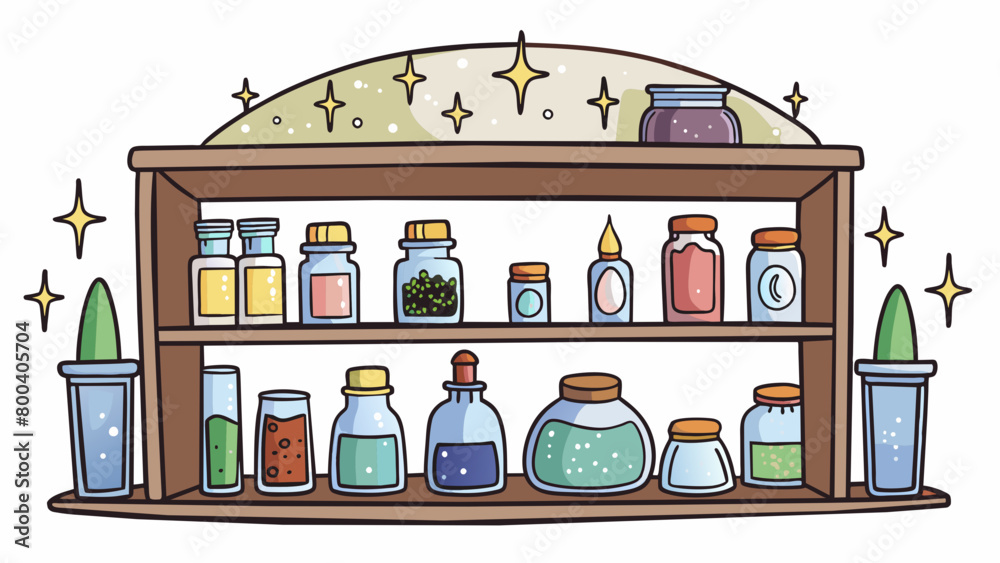Aufkleber A shelf in the elfs cozy home is lined with jars filled with sparkling dust and potions. The jars are labeled in elegant cursive script and emit a. Cartoon Vector.