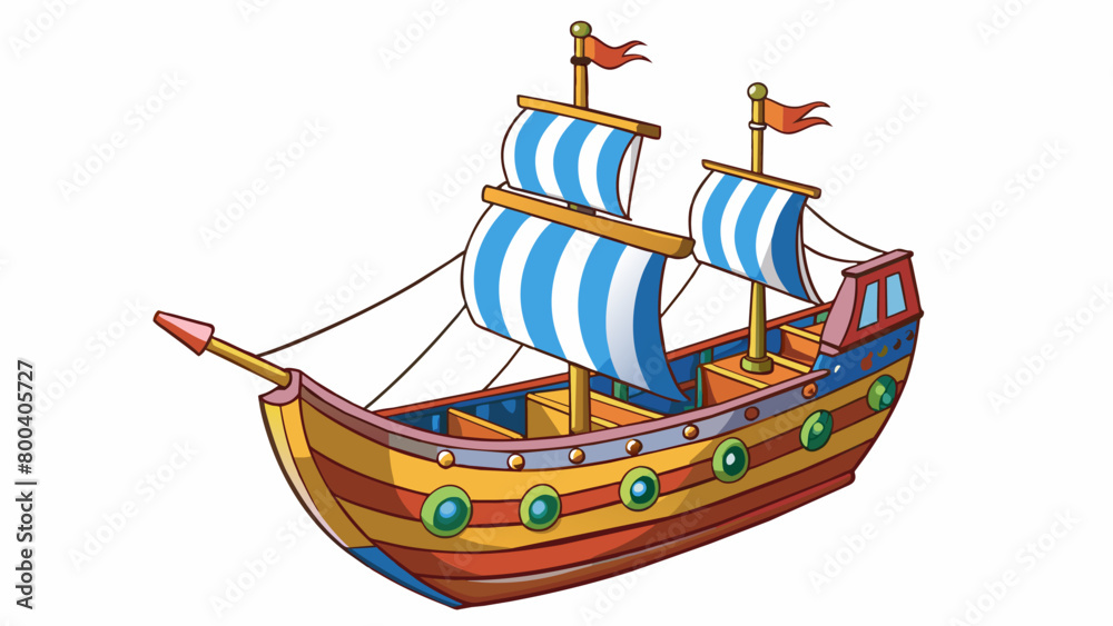 Fototapete A ship with a nimble frame and small delicate sails. Its colorful hull is painted with bright stripes and patterns making it stand out against the. Cartoon Vector.