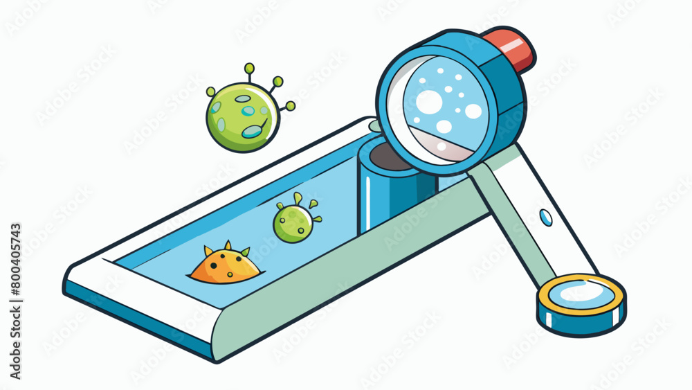 Aufkleber A simple homemade setup consisting of a drop of water on a slide covered by a thin piece of glass. The slide is p under a small handheld magnifier. Cartoon Vector.