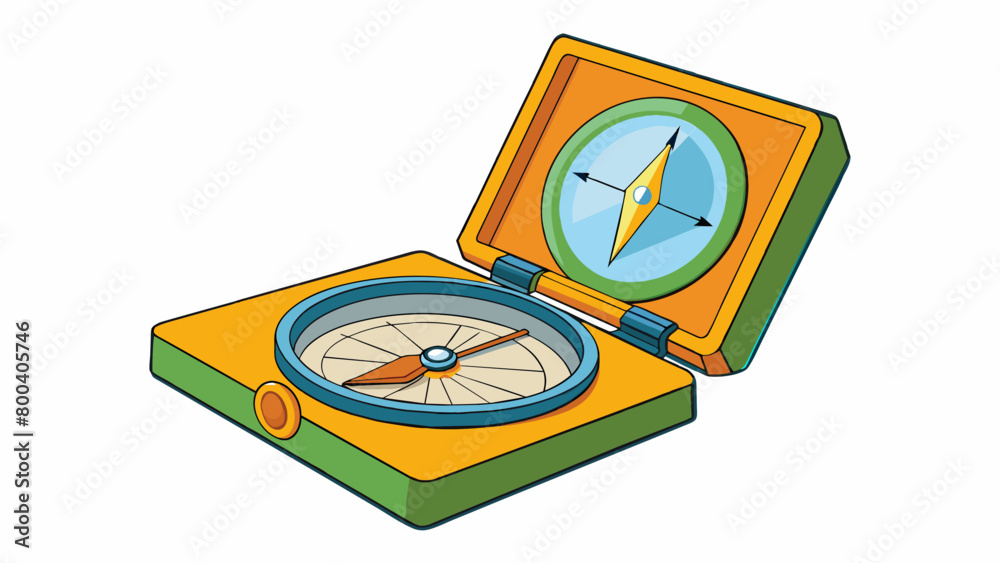 Poster A simple foldable compass used by boy scouts and campers to learn about navigation and map reading. It has a transparent plastic base and a rotating. Cartoon Vector.
