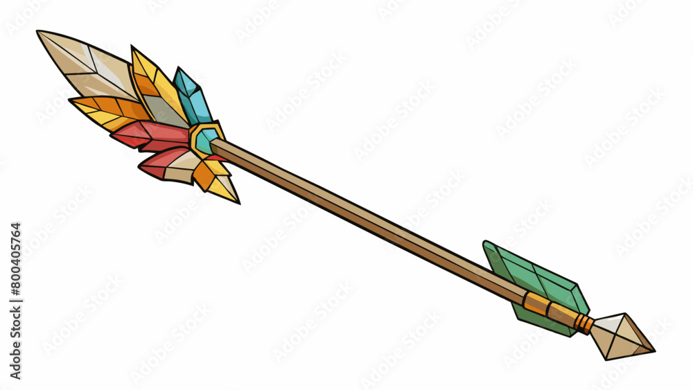 Poster A simple homemade arrow assembled from various scraps and materials. Its shaft is a thick twig its feathers are a patchwork of mismatched colors and. Cartoon Vector.