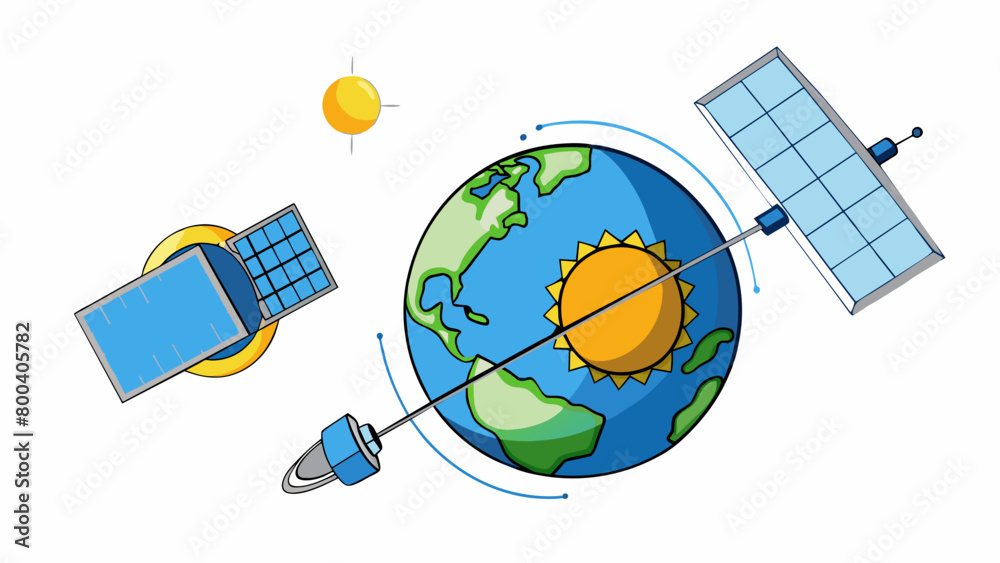 Poster A sleek and streamlined satellite orbits the Earth its solar panels constantly soaking up the suns energy. It is equipped with advanced instruments. Cartoon Vector.