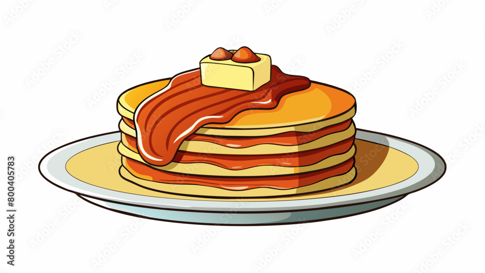 Poster A sizzling slice of bacon with crispy edges and a glistening layer of fat sitting on a plate next to a stack of fluffy pancakes.  on white. Cartoon Vector.