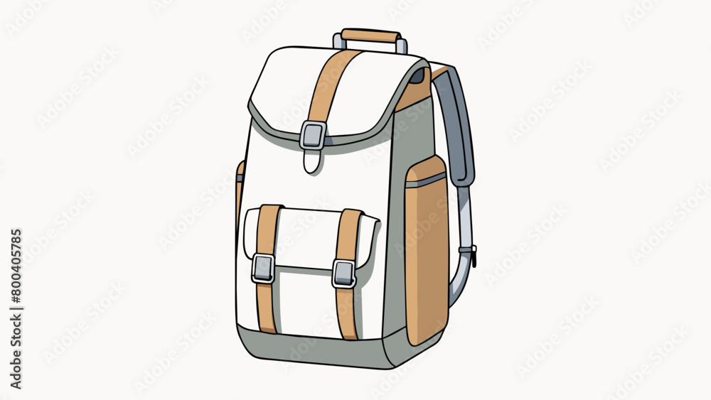 Poster a sleek and minimalist backpack in neutral colors with a rolltop closure and reflective details for 