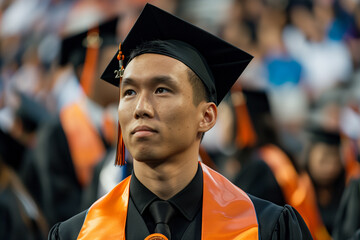 Reflective Achievement: Solemn Graduate in Cap and Gown, A Moment of Triumph
