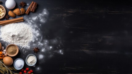 An elegant display of cooking essentials&mdash;flour, eggs, and spices arrayed on a dark wooden background, embodying a luxurious cooking atmosphere