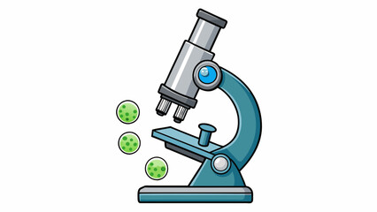 A sleek metal instrument with multiple lenses and s for adjusting magnification. The sample being observed is a drop of pond water revealing a world. Cartoon Vector.
