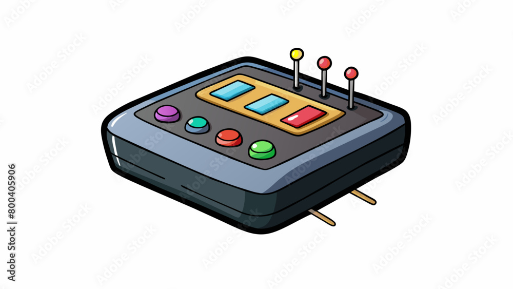 Poster a small electronic device with a sleek black exterior and a of colorful pins sticking out of its sur