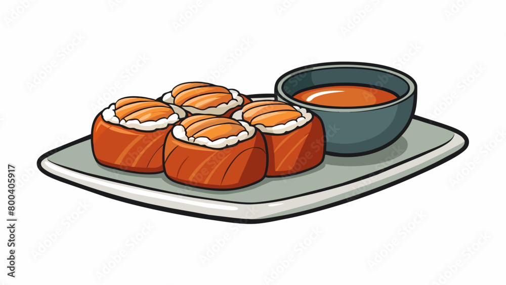 Poster a small dish of thick glossy ambercolored sauce served alongside a plate of sushi rolls. the aroma i