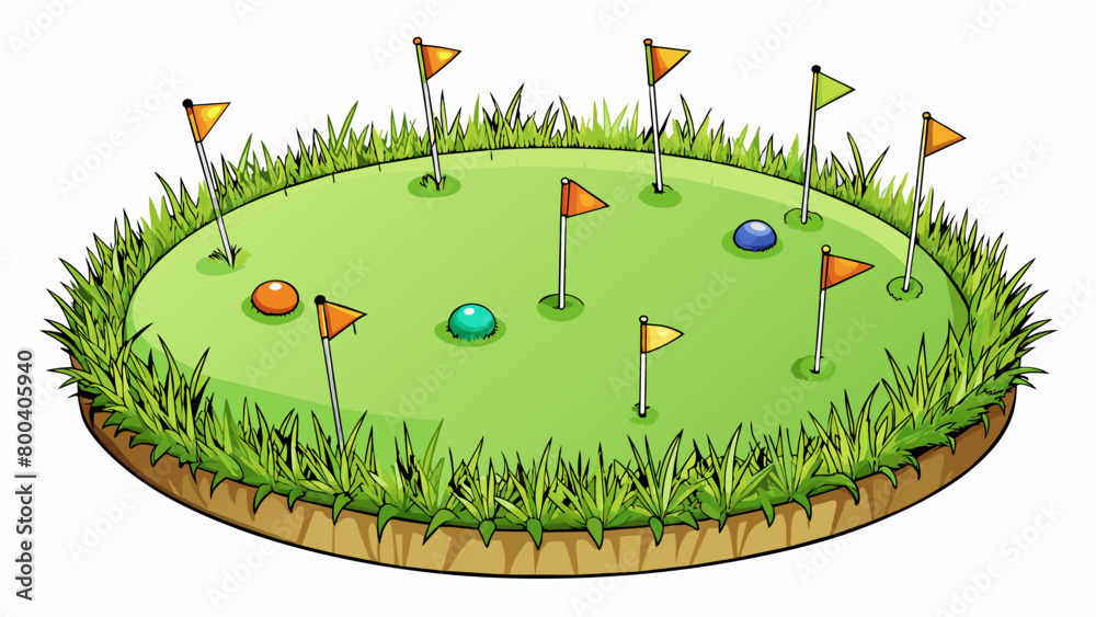 Poster A small circular area of short dense grass with tiny holes tered throughout. Colorful flags are p at different holes to indicate varying levels of. Cartoon Vector.
