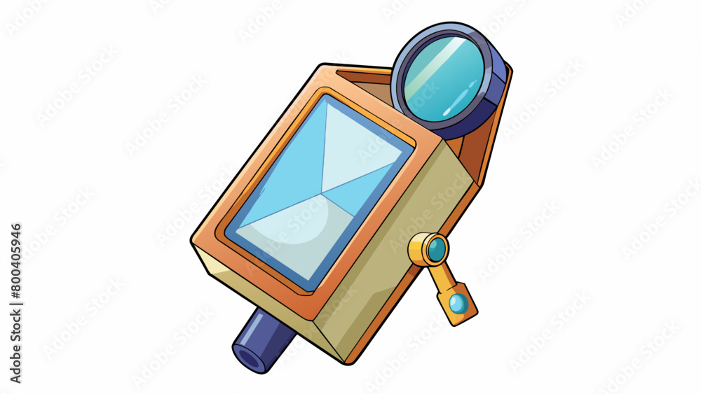 Poster A small handheld device with a glass lens on one end and a mirror on the other. The specimen being viewed is a salt crystal showing its geometric. Cartoon Vector.