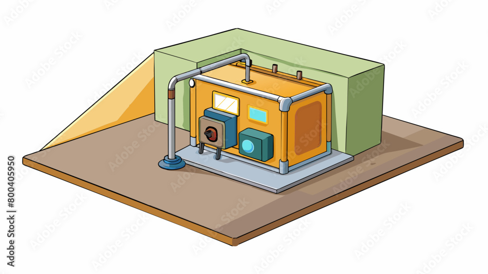 Poster A small generator hummed in the corner providing electricity and a low buzzing noise throughout the bunker.  on white background . Cartoon Vector.