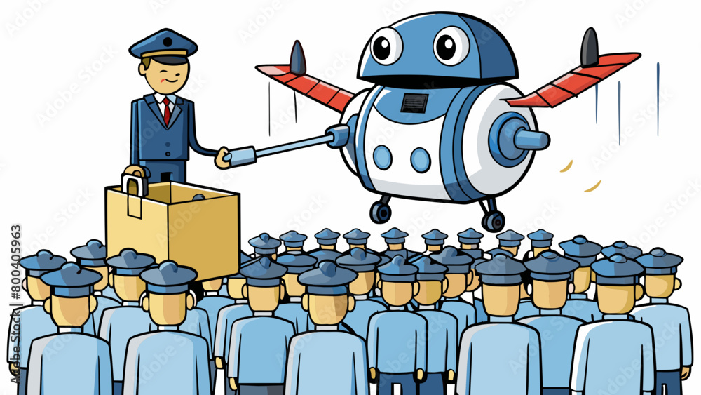 Aufkleber A small flying security robot equipped with a remotecontrolled taser monitors a crowded event quietly hovering above the crowd and swiftly. Cartoon Vector.