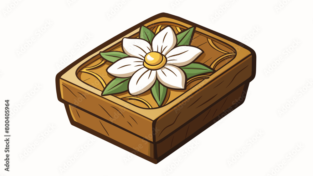 Poster A small intricately carved wooden box adorned with the image of a blooming jasmine flower. When od the box releases a faint yet enchanting scent. Cartoon Vector.
