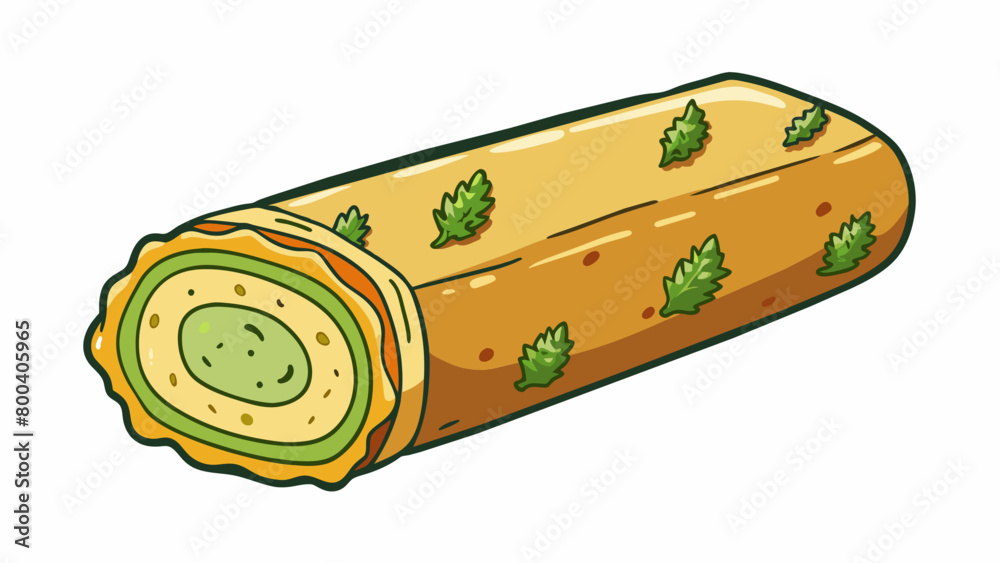 Poster A small log of cheese wrapped in herbs and es giving off a strong and fragrant aroma. Its texture is soft and spreadable with a tangy and savory. Cartoon Vector.