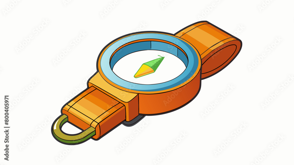 Sticker A small liquidfilled compass attached to a wristband for hikers and outdoor enthusiasts. It has a sy plastic casing and a bright orange dial for easy. Cartoon Vector.