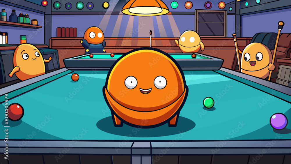 Poster A small hard orb with a bright neon orange surface glowing in the dark of the dimly lit bat where friends have gathered for a latenight game of pool.. Cartoon Vector.