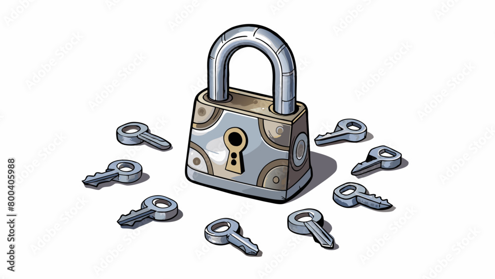 Aufkleber A small metal lock with several keys tered on a table next to it. Each key has a unique shape and design but only one will unlock the lock. The lock. Cartoon Vector.