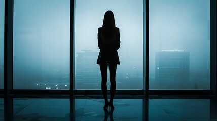 Fototapeta premium A woman stands by a window in a dimly lit room