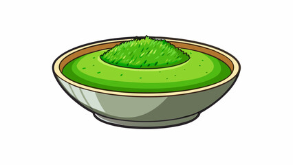 A small dish filled with a bright green dressing resembling freshly grass. It has a fresh and earthy aroma with a touch of citrus and tastes light and. Cartoon Vector.