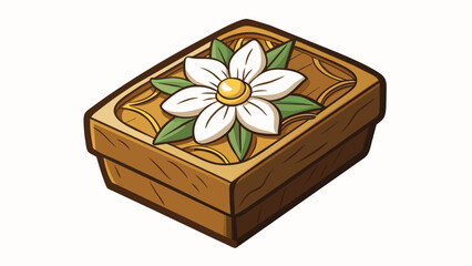 A small intricately carved wooden box adorned with the image of a blooming jasmine flower. When od the box releases a faint yet enchanting scent. Cartoon Vector.