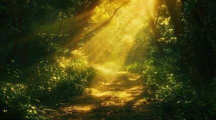 A mystical forest path illuminated by shafts of sunlight, hinting at a journey of spiritual growth and enlightenment on Ascension Day. 