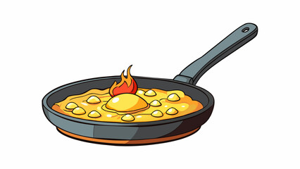A small pat of grease sizzling on a hot skillet as it prepares to cook a batch of scrambled eggs.  on white background . Cartoon Vector.