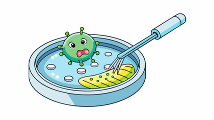 A small petri dish containing a tiny bacteria with a circular piece of DNA being inserted using a micropipette. The bacterias genetic makeup is being. Cartoon Vector.