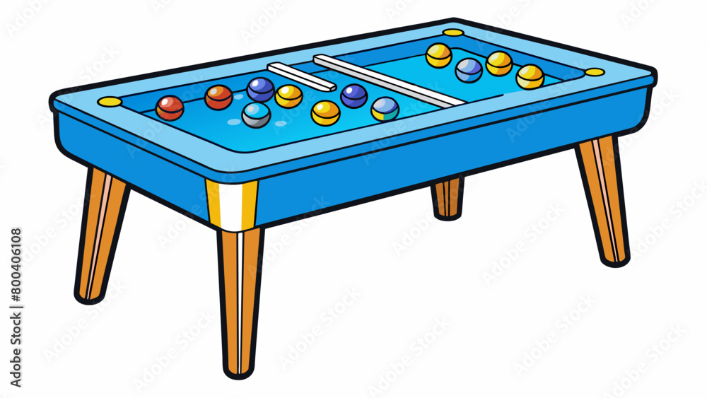 Poster A smaller more compact table with a blue surface lined with four pockets on either end. Instead of traditional pool balls there are numbered marbles. Cartoon Vector.